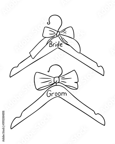 Illustration of two wedding garment hangers labeled Bride and Groom, each adorned with a decorative bow, showcasing a minimalist design suitable for wedding themes