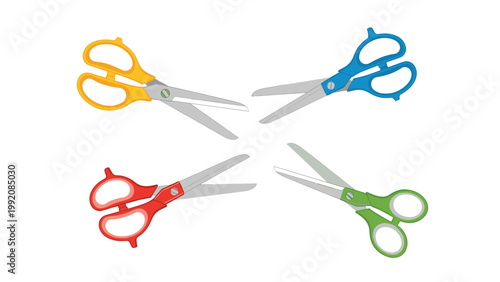 Set of four pairs of scissors with colorful handles in yellow blue red and green arranged in a cross pattern on a white background.