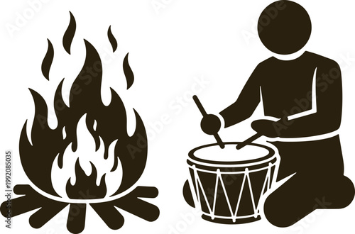 Person playing drum by campfire, tribal music and outdoor camping scene, cultural ritual and night activity.