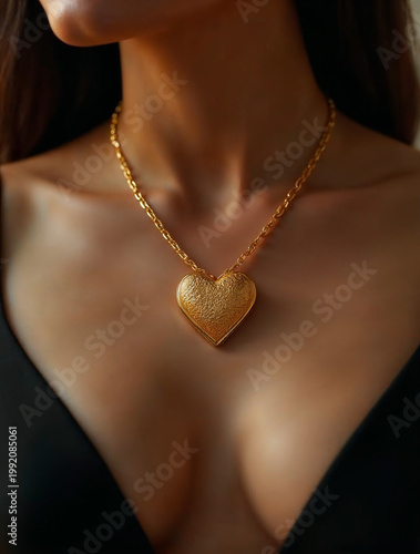Elegant woman wearing gold heart pendant necklace fashion detail