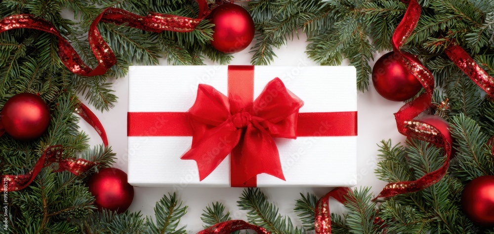 Fototapeta premium The gift box with red ribbon surrounded by fir branches and ornaments