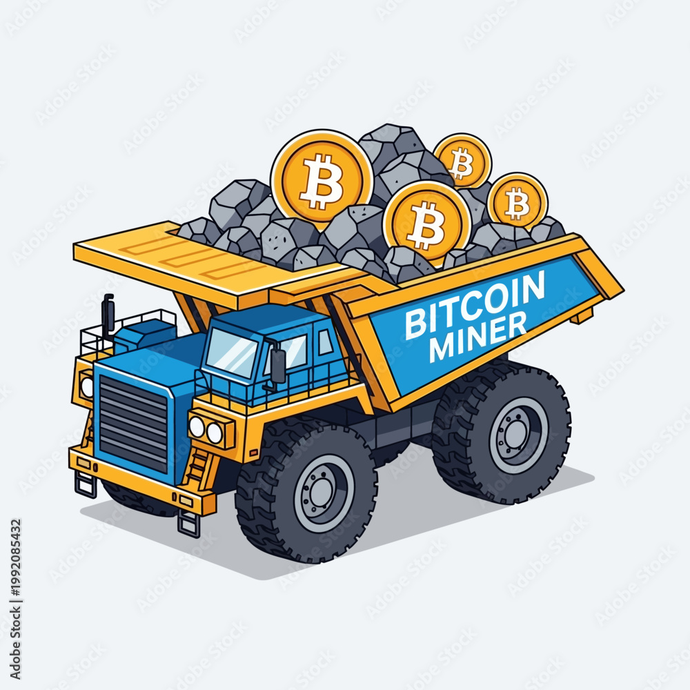 Naklejka premium Mining Truck Loaded with Bitcoin and Rocks, Bitcoin Miner Concept