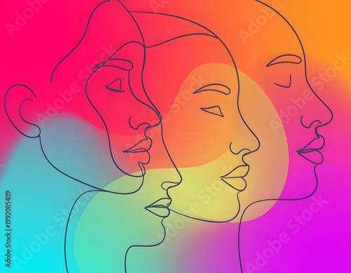 Diverse Minds: Minimalist line art faces overlapping in vibrant gradients expressing calm serenity and peaceful harmony with artistic abstract design
