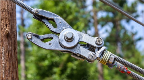 Close up of a heavy duty high voltage line tensioner tool