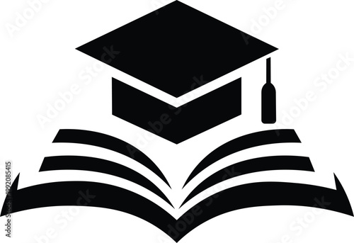 Graduation cap and open book education icon. This clean and professional design is well-suited for university branding, library logos, digital learning platforms, or academic publishing houses.