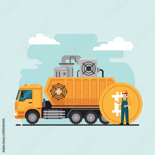 Mobile Bitcoin Mining Truck with Technician and Giant Coin