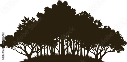 Dense forest silhouette trees and branches landscape background.