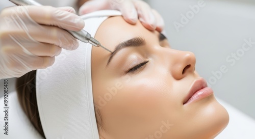 Closeup of a woman receiving a professional eyebrow microblading or permanent makeup treatment in a beauty salon