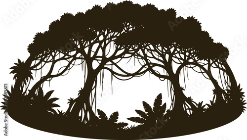 Jungle trees with vines silhouette nature exotic plants tropical forest jungle foliage.