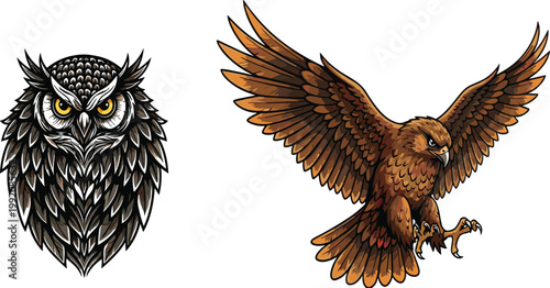 Detailed Owl Head and Flying Eagle Illustration Set with Fierce Wild Birds of Prey for Mascot Logo Tattoo and Vintage Vector Design