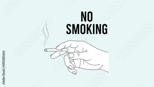Minimalist no smoking sign with a simple black line drawing of a hand holding a cigarette and smoke on a light blue-grey background.