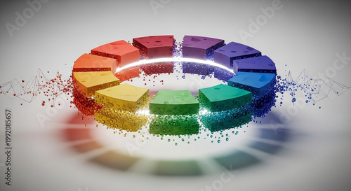 A colorful 3D pie chart with vibrant rainbow colors and dynamic particles