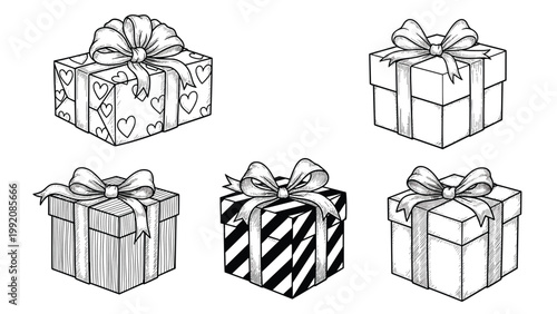 Selection of five hand-drawn gift boxes with different wrapping paper patterns and bows in a detailed black and white sketch style.