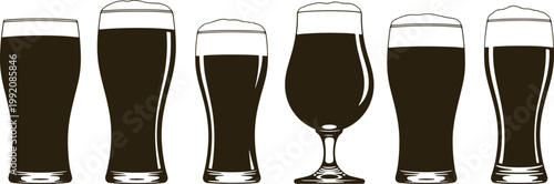 Beer glasses collection different types beverage drink pub tasting variety full frothy.
