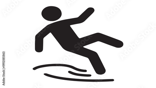 Slippery floor warning sign icon, person falling on wet surface, safety caution symbol isolated on white background.