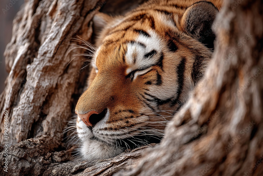 Obraz premium Portrait of a tiger sleeping in a tree