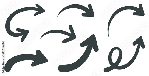 Collection of diverse hand-drawn arrows in various curved and spiral shapes