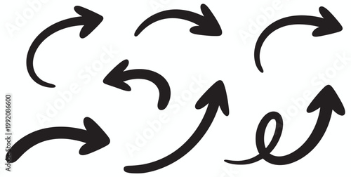 Group of seven black arrows with curved and looping shapes on a white background