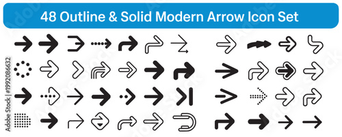 Set of 48 modern outline and solid arrow icons for navigation and direction