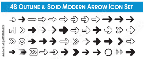 Collection of 48 modern outline and solid arrow icons for web and app interfaces