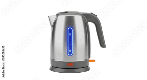 Vector illustration of stainless steel electric kettle with blue led indicator on a transparent background