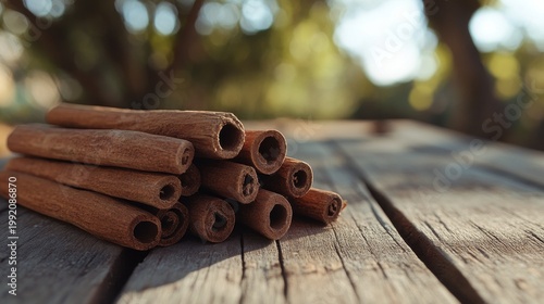 Close up of cinnamon sticks on a wooden table in sunlight