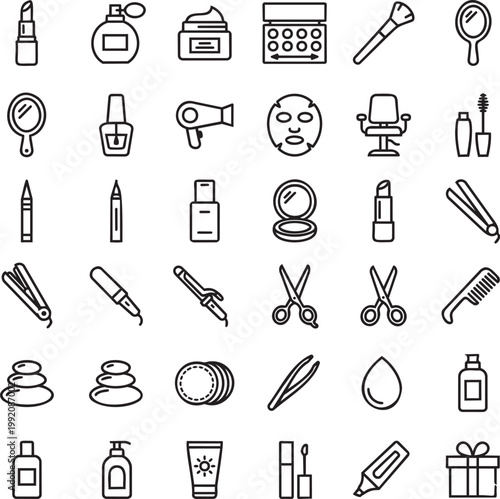 Beauty Cosmetics Line Icons Set, Minimal Black Outline Makeup and Skincare Vector Icon Pack Grid