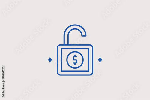 Open padlock with a dollar sign icon for unlocked financial assets and accessible capital. Clear Vector Illustration for loan approval notifications and transparent banking policy pages.