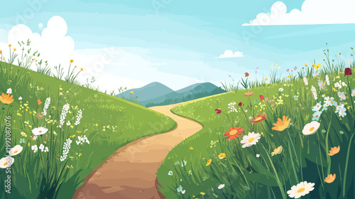 A picturesque landscape showing a pathway through a green meadow with colorful wildflowers under a blue sky