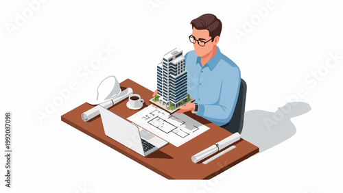 Architect Working on Modern Skyscraper Building Project Isometric Illustration
