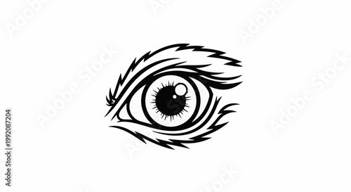 Stylized black and white drawing of a fierce eye with sharp, radiating lines