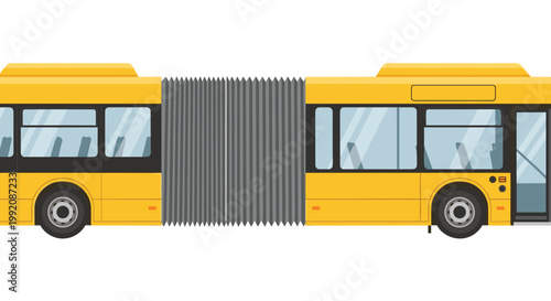 A long vibrant yellow articulated city bus with a gray flexible middle section and numerous passenger windows is depicted in a clean profile view.