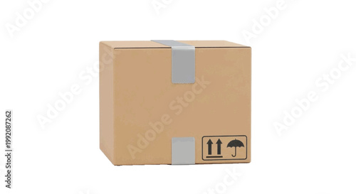 Vector illustration of cardboard delivery box with tape and fragile symbols on a transparent background