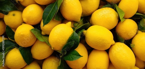 The lemons piled together with glossy green leaves for fresh citrus background