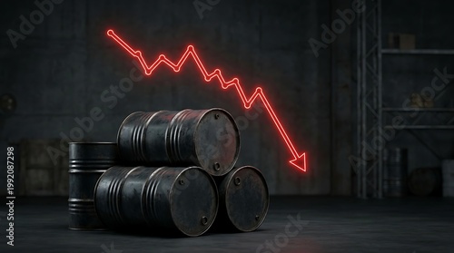 Declining global oil prices concept with industrial barrels and downward financial graph showing energy market instability and recession risk