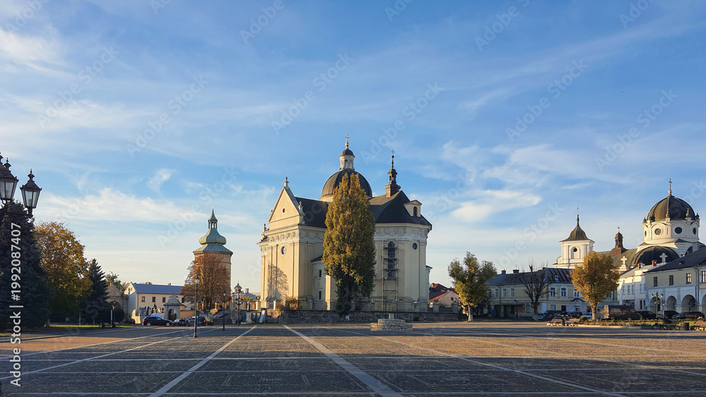 Fototapeta premium Vicheva Square (Market Square) in the historic city of Zhovkva, located in Lviv region of Ukraine.