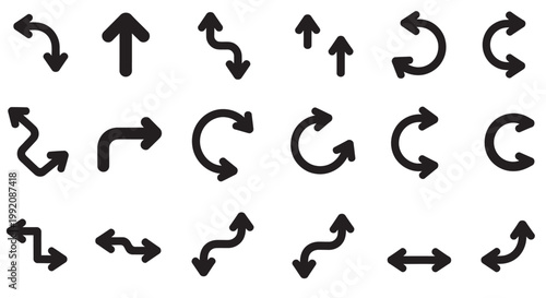 Collection of black arrow icons showing various directions, curves, and movements on a white background