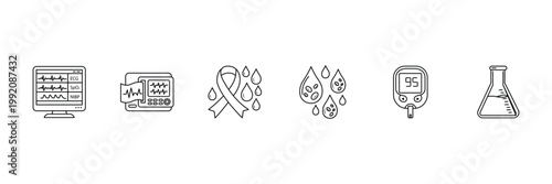 Blood medical monitoring and diagnostic icon set featuring ecg heart rate monitor cancer awareness ribbon blood cells glucose meter and flask.