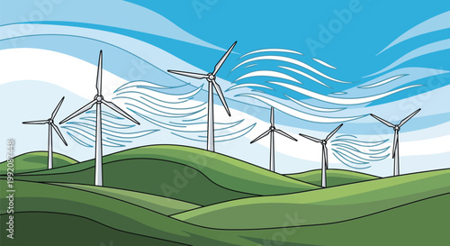 A row of wind turbines standing tall on rolling green hills under a bright blue sky with stylized wind patterns.