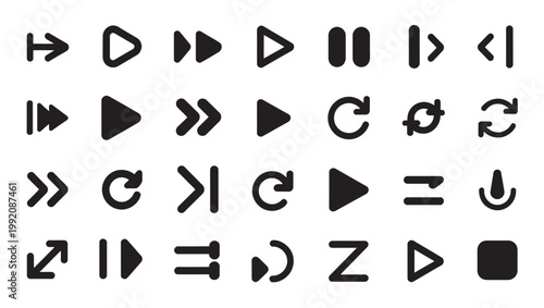 Set of modern black icons for media playback and navigation, vector illustration