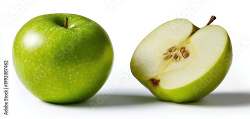 The Green Apple Whole and Halved on White Background for Food Photography
