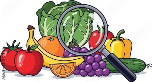 Magnifying glass focuses on fresh green cabbage leaves among a variety of fruits and vegetables, representing healthy eating and inspection.