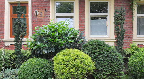 Bilde på lerret Garden with various green plants in front of a red-brick house in daylight