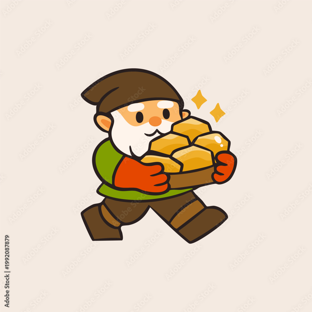 Naklejka premium Gnome Miner carrying gold nuggets. Cute little character. Hand drawn Vector illustration. Isolated design element. Treasure mine, mobile game concept
