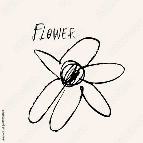 Black abstract Flower. Crayon, charcoal, childish, naive art, scribble line, doodle brush style. Hand drawn modern Vector illustration. Primitive, minimal sketchy, grunge isolated design element