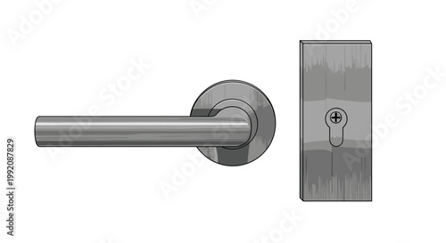 A sleek brushed stainless steel door lever handle sits adjacent to a matching rectangular keyhole plate against a clean minimalist white background space.