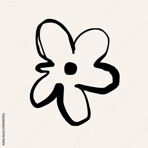Black abstract Flower. Crayon, charcoal, childish, naive art, scribble line, doodle brush style. Hand drawn modern Vector illustration. Primitive, minimal sketchy, grunge isolated design element