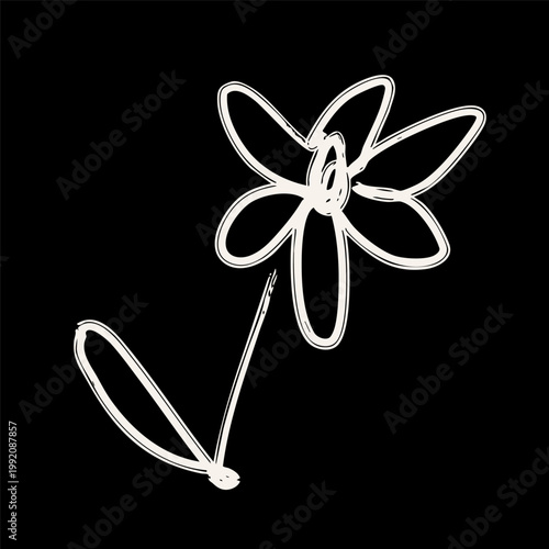 White abstract Flower. Crayon, charcoal, childish, naive art, scribble line, doodle brush style. Hand drawn modern Vector illustration. Primitive, minimal sketchy, grunge isolated design element