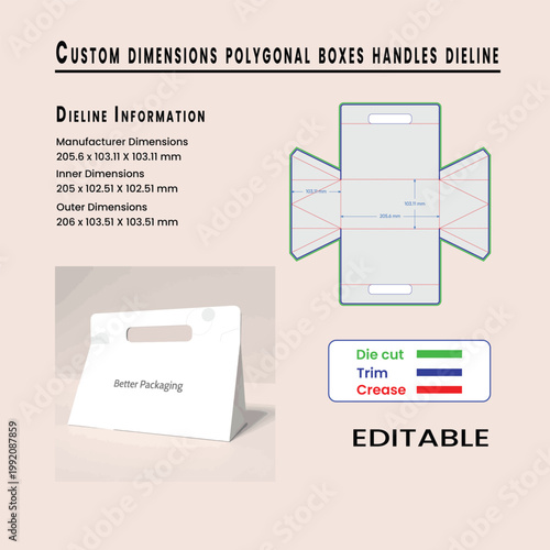 Polygonal box dieline with dimensions and manufacturing information packaging custom