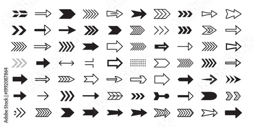 Large collection of diverse arrow symbols in black and white, vector graphics
